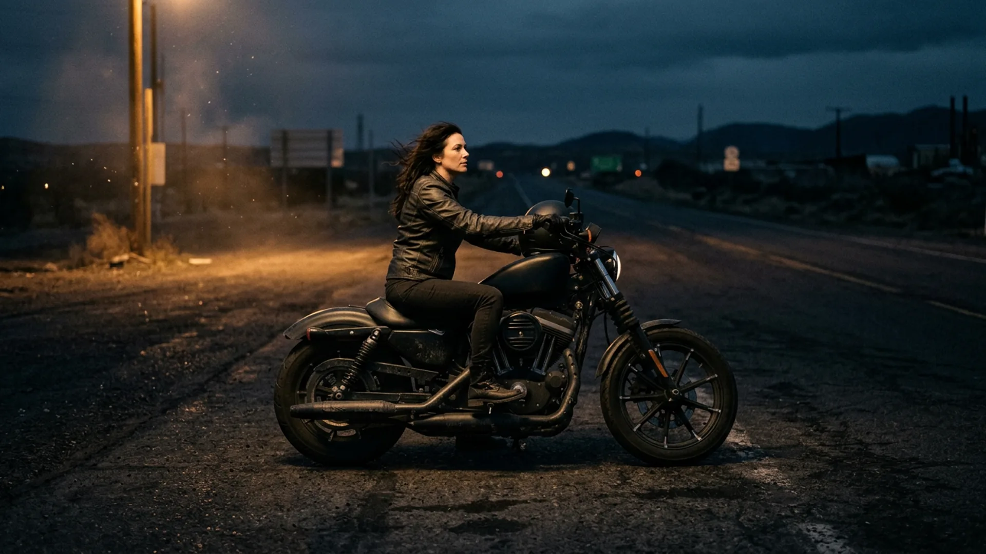 Woman on motorcycle, open road